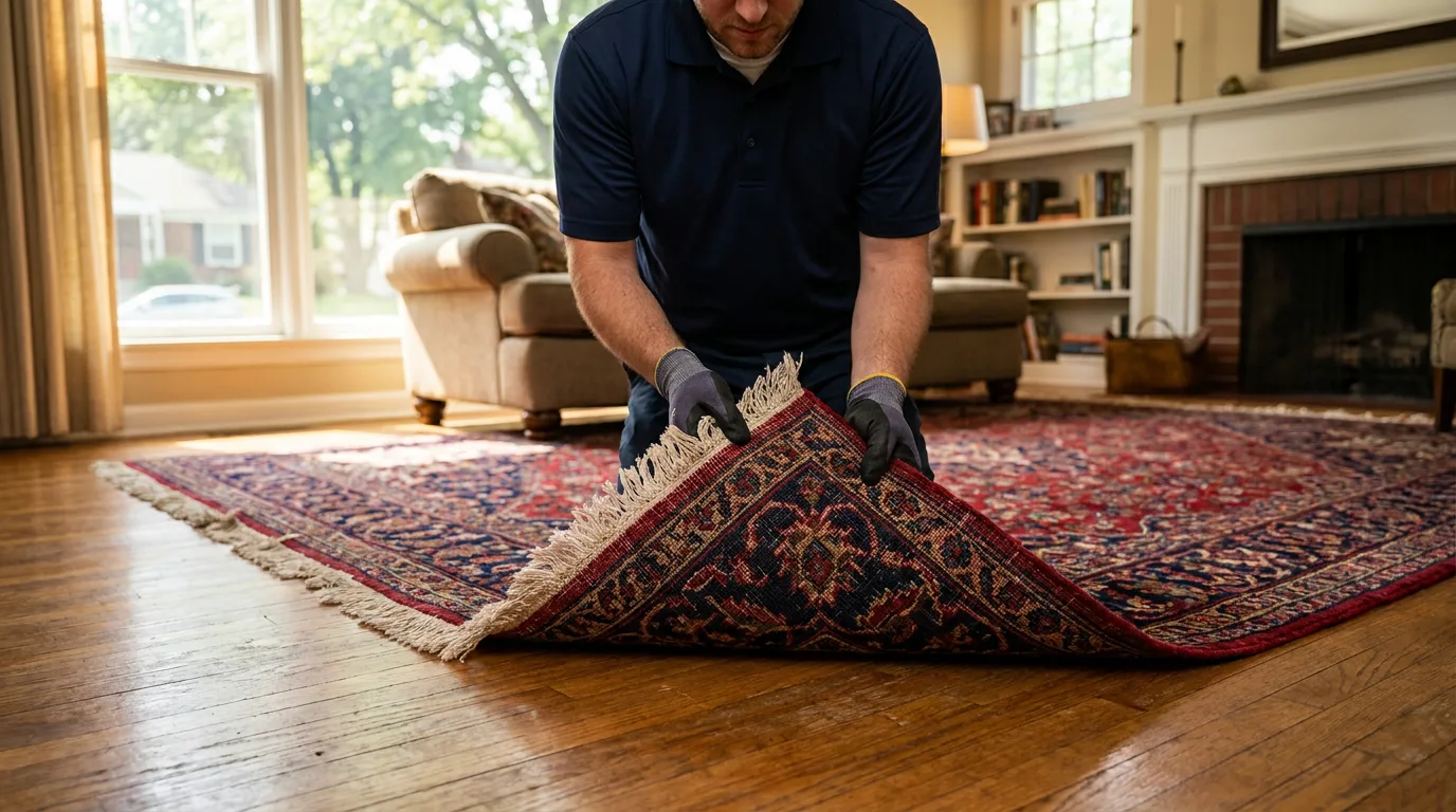 Carpet cleaning technician folding back the corner of a red and navy wool oriental area rug to inspect its foundation and fringe in a Kansas City living room