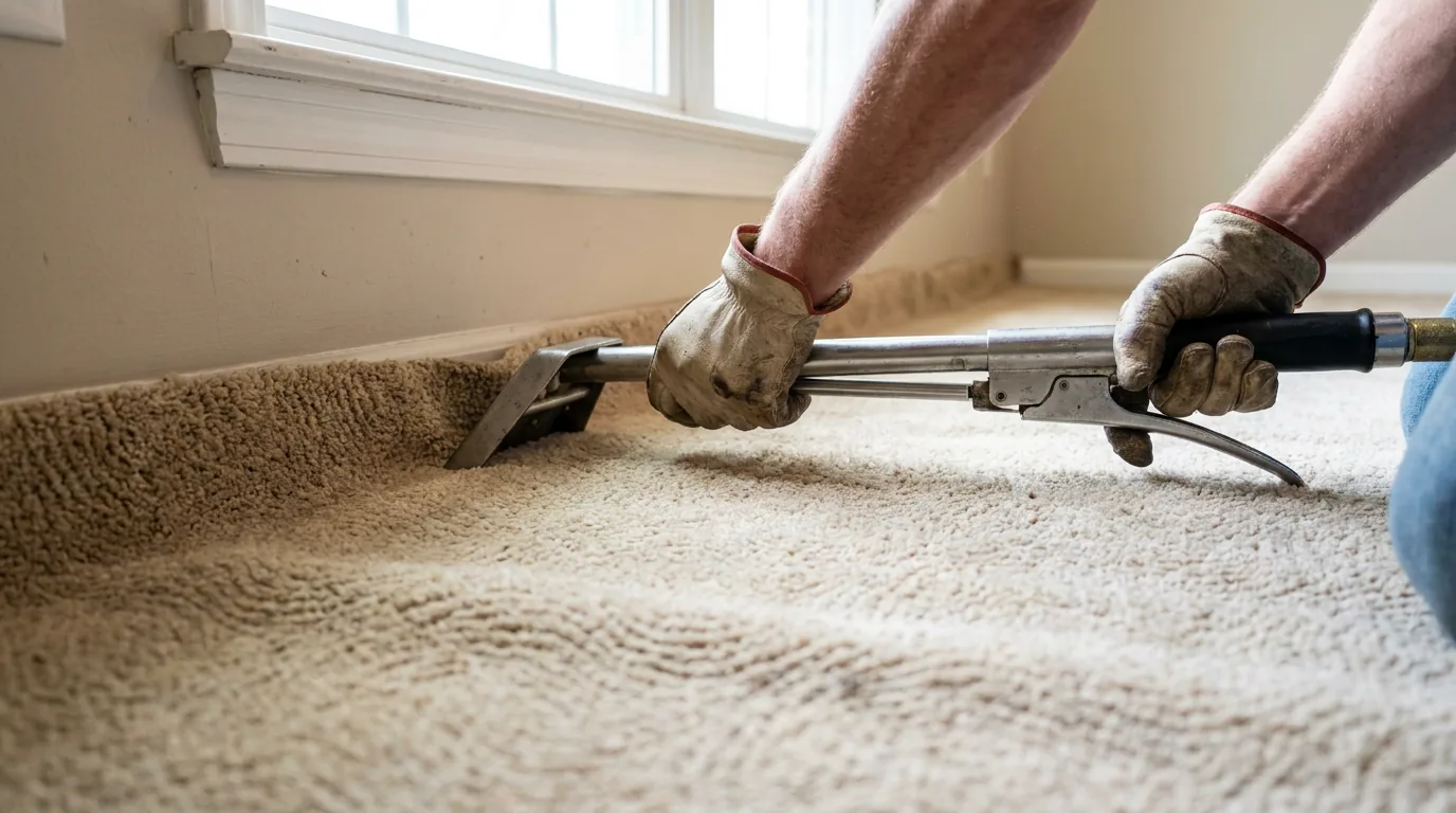 R&L technician power-stretching a rippled beige carpet tight against the wall during a carpet repair visit in a Kansas City home