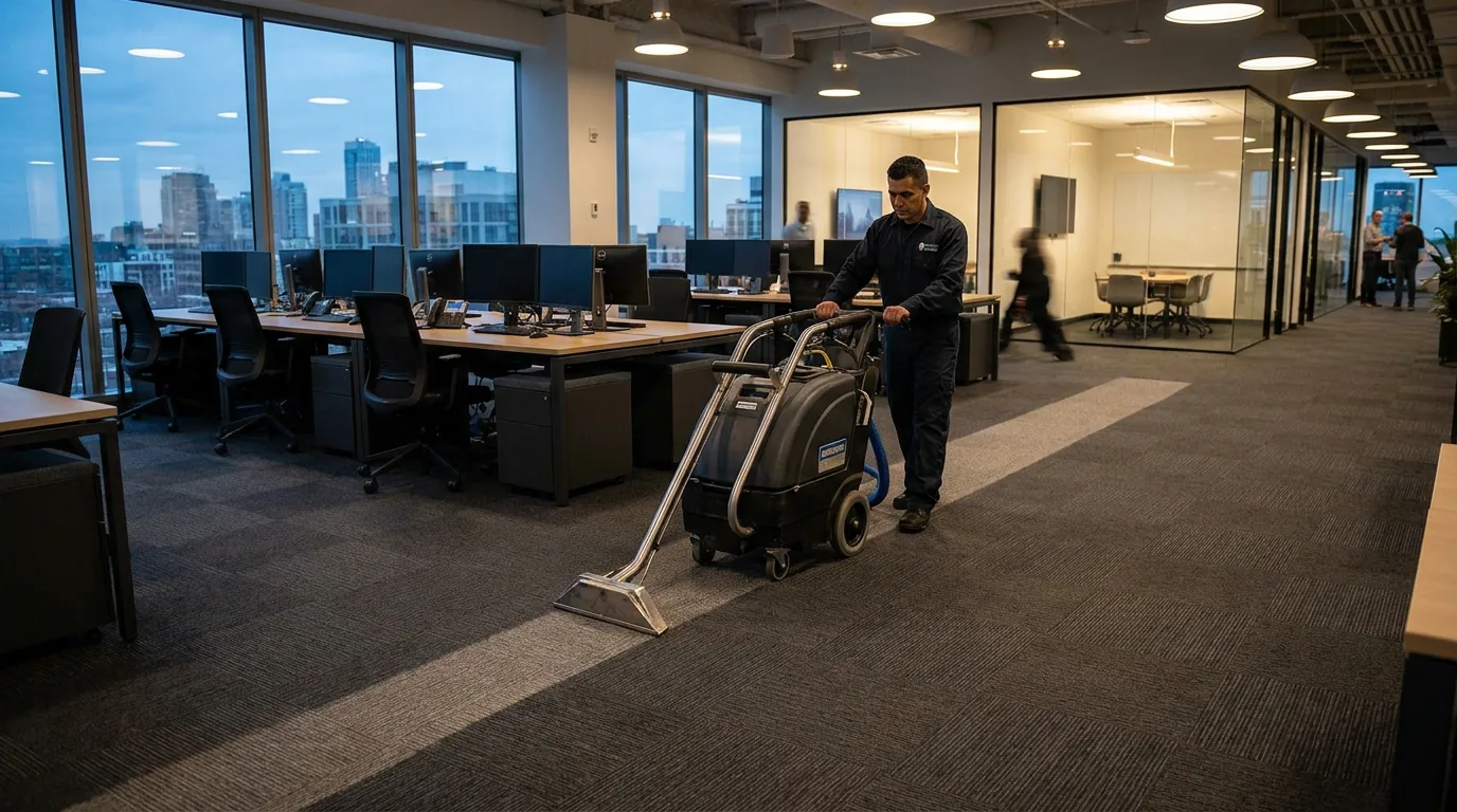 R&L Carpet Cleaning technician deep-cleaning gray carpet tiles with a commercial extractor during after-hours service in a Kansas City office