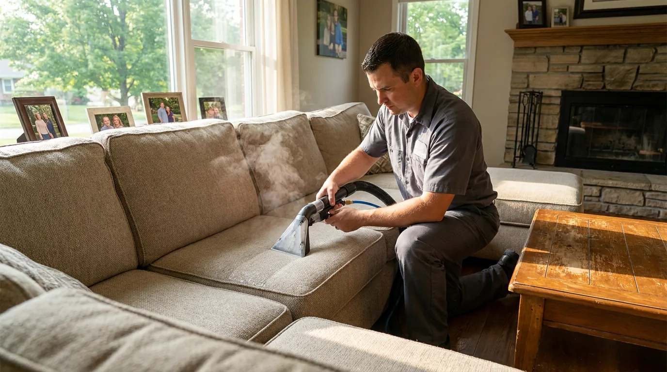 Professional technician deep-cleaning a family sectional sofa with upholstery extraction equipment in a Belton, Missouri home