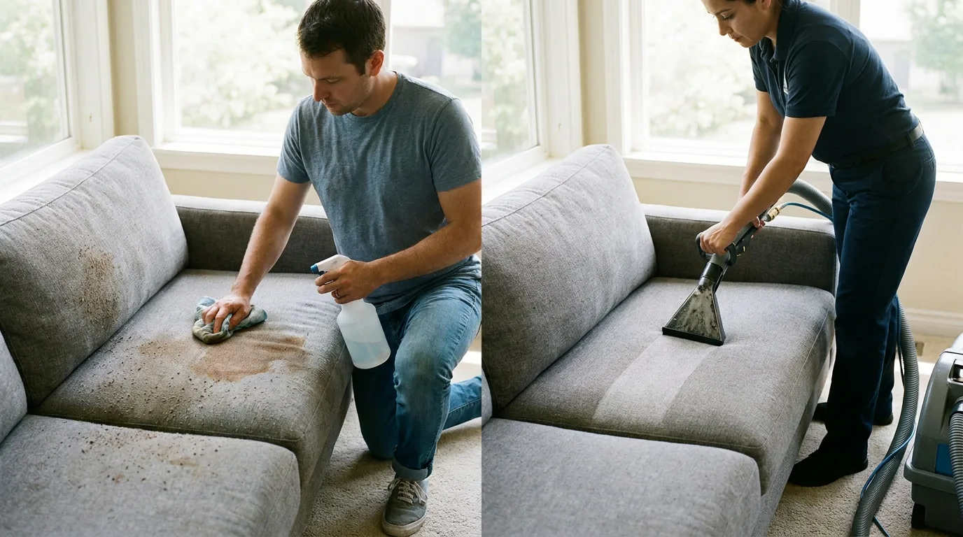 DIY sofa scrubbing compared with professional upholstery extraction cleaning on the same couch