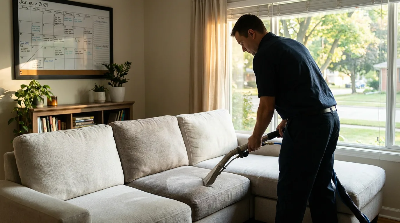 Professional technician deep-cleaning a family's gray fabric sofa with upholstery extraction equipment in a Kansas City home