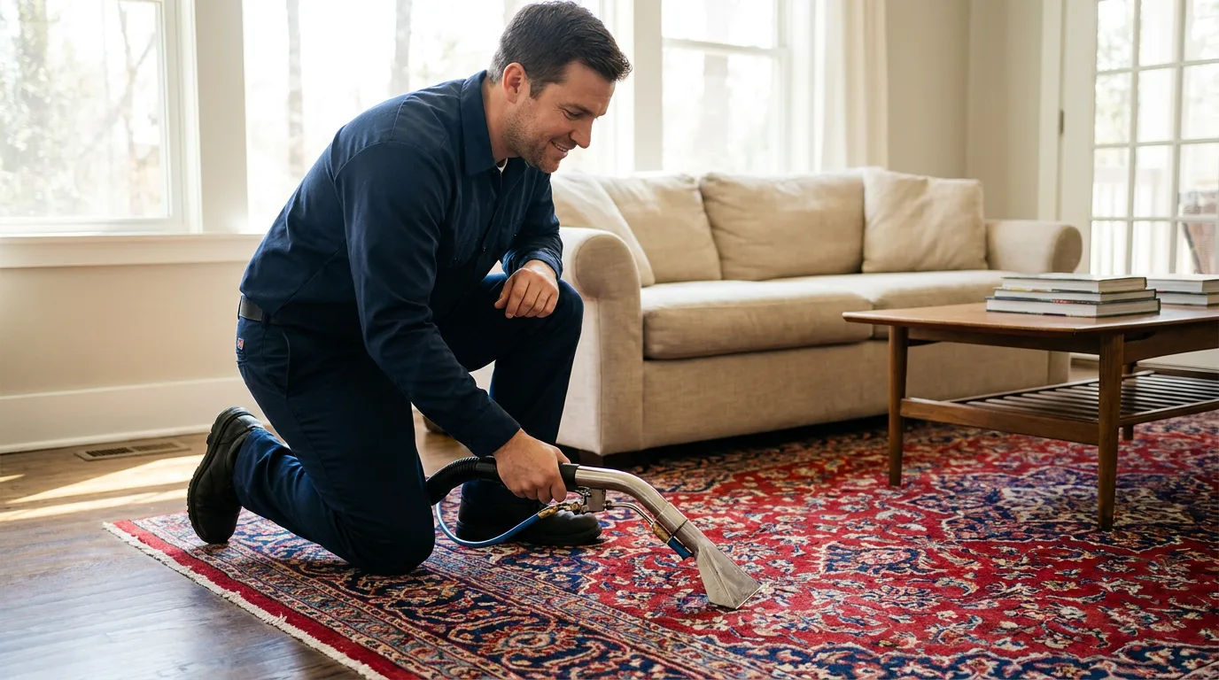 R&L technician cleaning a patterned wool oriental area rug in place with a low-moisture extraction wand in a bright Kansas City living room