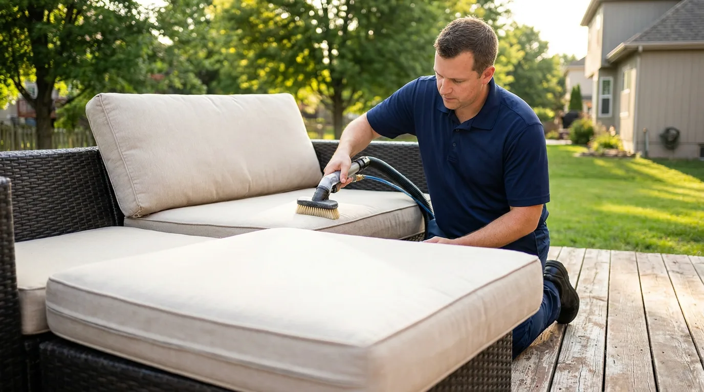 R&L technician using low-moisture extraction to clean a beige outdoor patio sofa cushion on a wicker set in a sunny Kansas City backyard