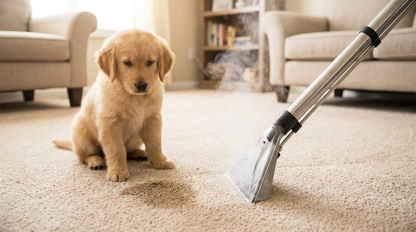 Golden retriever puppy sitting beside a carpet pet stain while an R&L technician treats it with professional hot water extraction equipment in a Kansas City home