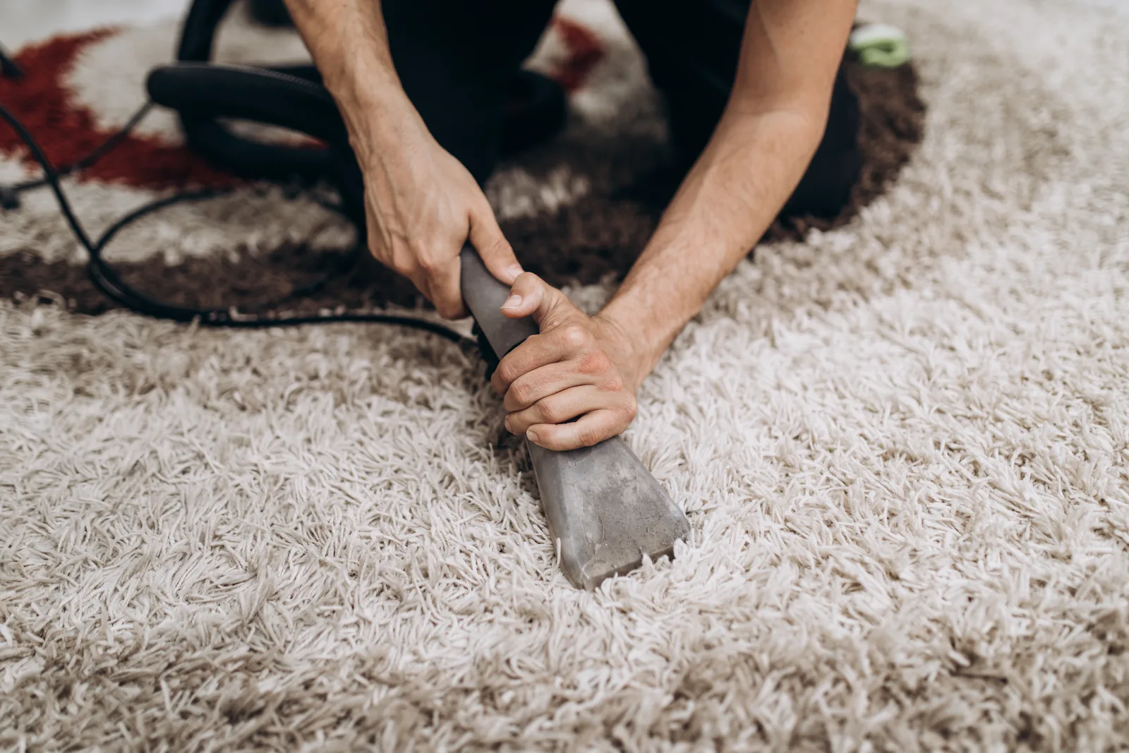 R&L Carpet Cleaning technician deep-cleaning a cream shag area rug with a hand extraction tool during an in-home rug cleaning in Kansas City
