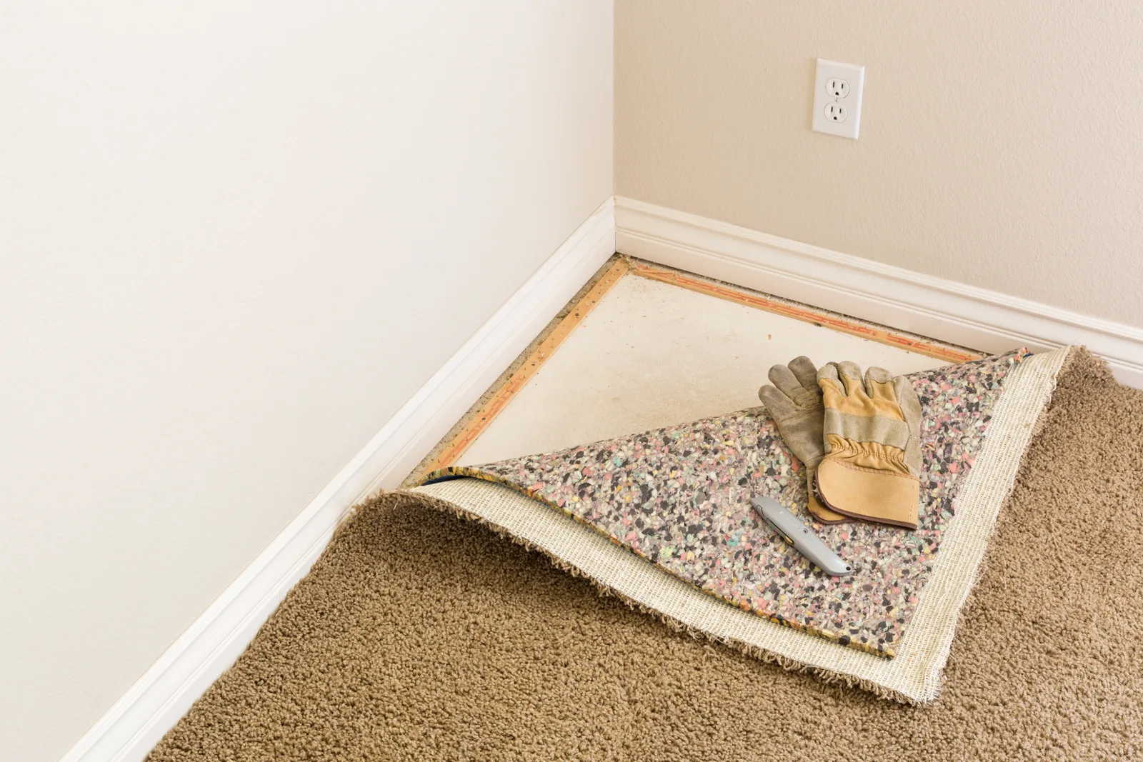 Wall-to-wall carpet folded back off the tack strip in a room corner, exposing the carpet pad, with work gloves and a knife resting on it during a carpet stretching repair