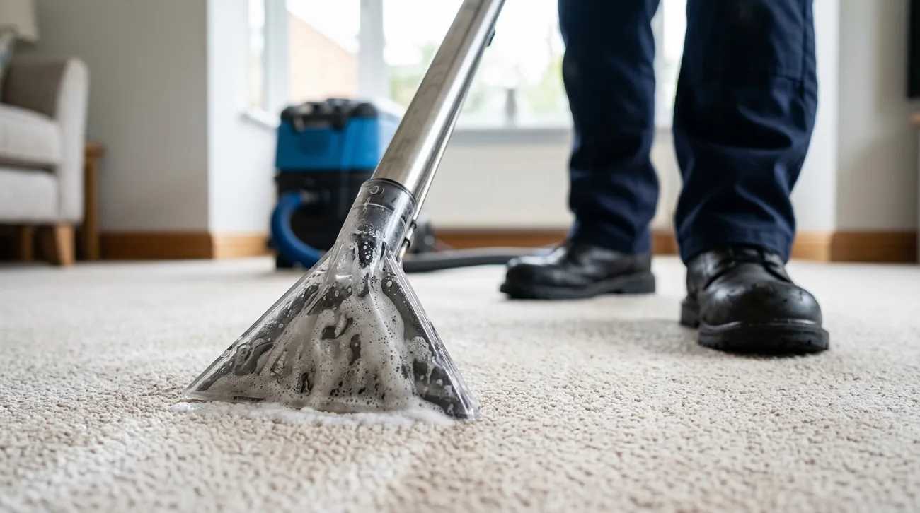 R&L technician deep-cleaning a carpet with hot-water extraction